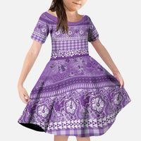 Hawaiian Hibiscus Honu Family Matching Off Shoulder Short Dress and Hawaiian Shirt Purple Mele Kalikimaka Palaka Spirit LT9 Daughter's Dress Purple - Polynesian Pride