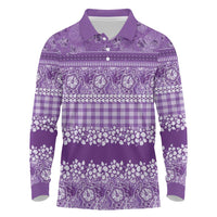 Hawaiian Hibiscus Honu Long Sleeve Polo Shirt Purple Mele Kalikimaka Palaka Spirit - Polynesian Pride