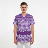 Hawaiian Hibiscus Honu Scrub Top Purple Mele Kalikimaka Palaka Spirit - Polynesian Pride