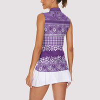 Hawaiian Hibiscus Honu Women Sleeveless Polo Shirt Purple Mele Kalikimaka Palaka Spirit - Polynesian Pride