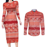 Hawaiian Hibiscus Honu Couples Matching Long Sleeve Bodycon Dress and Long Sleeve Button Shirt Red Mele Kalikimaka Palaka Spirit - Polynesian Pride