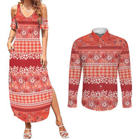 Hawaiian Hibiscus Honu Couples Matching Summer Maxi Dress and Long Sleeve Button Shirt Red Mele Kalikimaka Palaka Spirit LT9 Red - Polynesian Pride