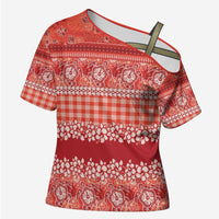 Hawaiian Hibiscus Honu Cross Shoulder Shirt Red Mele Kalikimaka Palaka Spirit - Polynesian Pride