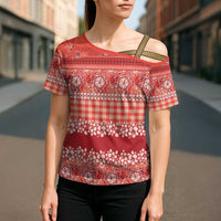 Hawaiian Hibiscus Honu Cross Shoulder Shirt Red Mele Kalikimaka Palaka Spirit LT9 - Polynesian Pride