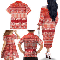 Hawaiian Hibiscus Honu Family Matching Off The Shoulder Long Sleeve Dress and Hawaiian Shirt Red Mele Kalikimaka Palaka Spirit LT9 - Polynesian Pride
