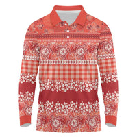 Hawaiian Hibiscus Honu Long Sleeve Polo Shirt Red Mele Kalikimaka Palaka Spirit LT9 Red - Polynesian Pride