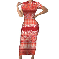 Hawaiian Hibiscus Honu Short Sleeve Bodycon Dress Red Mele Kalikimaka Palaka Spirit LT9 Long Dress Red - Polynesian Pride