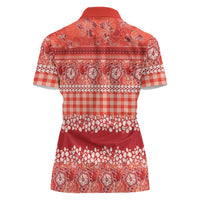 Hawaiian Hibiscus Honu Women Polo Shirt Red Mele Kalikimaka Palaka Spirit LT9 - Polynesian Pride