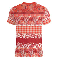 Hawaiian Hibiscus Honu Women V-Neck T-Shirt Red Mele Kalikimaka Palaka Spirit - Polynesian Pride