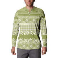 Hawaiian Hibiscus Honu Button Sweatshirt Sage Green Mele Kalikimaka Palaka Spirit - Polynesian Pride