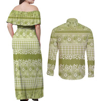 Hawaiian Hibiscus Honu Couples Matching Off Shoulder Maxi Dress and Long Sleeve Button Shirt Sage Green Mele Kalikimaka Palaka Spirit - Polynesian Pride
