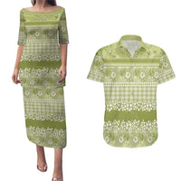 Hawaiian Hibiscus Honu Couples Matching Puletasi and Hawaiian Shirt Sage Green Mele Kalikimaka Palaka Spirit - Polynesian Pride