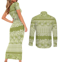 Hawaiian Hibiscus Honu Couples Matching Short Sleeve Bodycon Dress and Long Sleeve Button Shirt Sage Green Mele Kalikimaka Palaka Spirit - Polynesian Pride