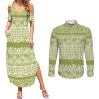 Hawaiian Hibiscus Honu Couples Matching Summer Maxi Dress and Long Sleeve Button Shirt Sage Green Mele Kalikimaka Palaka Spirit - Polynesian Pride
