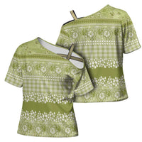 Hawaiian Hibiscus Honu Cross Shoulder Shirt Sage Green Mele Kalikimaka Palaka Spirit LT9 - Polynesian Pride