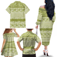Hawaiian Hibiscus Honu Family Matching Off The Shoulder Long Sleeve Dress and Hawaiian Shirt Sage Green Mele Kalikimaka Palaka Spirit LT9 - Polynesian Pride