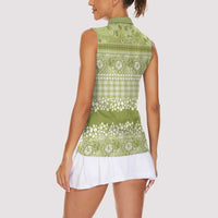 Hawaiian Hibiscus Honu Women Sleeveless Polo Shirt Sage Green Mele Kalikimaka Palaka Spirit - Polynesian Pride
