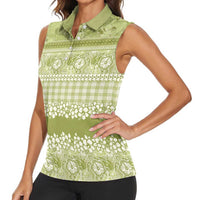 Hawaiian Hibiscus Honu Women Sleeveless Polo Shirt Sage Green Mele Kalikimaka Palaka Spirit - Polynesian Pride