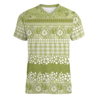 Hawaiian Hibiscus Honu Women V-Neck T-Shirt Sage Green Mele Kalikimaka Palaka Spirit - Polynesian Pride