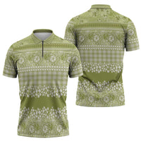 Hawaiian Hibiscus Honu Zipper Polo Shirt Sage Green Mele Kalikimaka Palaka Spirit LT9 - Polynesian Pride