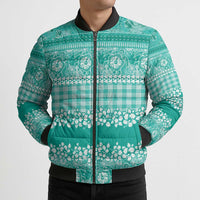 Hawaiian Hibiscus Honu Bomber Puffer Jacket Turquoise Mele Kalikimaka Palaka Spirit - Polynesian Pride