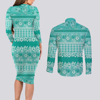Hawaiian Hibiscus Honu Couples Matching Long Sleeve Bodycon Dress and Long Sleeve Button Shirt Turquoise Mele Kalikimaka Palaka Spirit - Polynesian Pride