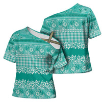 Hawaiian Hibiscus Honu Cross Shoulder Shirt Turquoise Mele Kalikimaka Palaka Spirit LT9 - Polynesian Pride