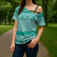 Hawaiian Hibiscus Honu Cross Shoulder Shirt Turquoise Mele Kalikimaka Palaka Spirit - Polynesian Pride