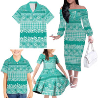 Hawaiian Hibiscus Honu Family Matching Off The Shoulder Long Sleeve Dress and Hawaiian Shirt Turquoise Mele Kalikimaka Palaka Spirit - Polynesian Pride