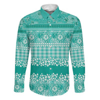 Hawaiian Hibiscus Honu Family Matching Off Shoulder Maxi Dress and Hawaiian Shirt Turquoise Mele Kalikimaka Palaka Spirit LT9 Dad's Shirt - Long Sleeve Turquoise - Polynesian Pride