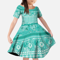 Hawaiian Hibiscus Honu Family Matching Puletasi and Hawaiian Shirt Turquoise Mele Kalikimaka Palaka Spirit LT9 Daughter's Dress Turquoise - Polynesian Pride