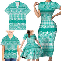 Hawaiian Hibiscus Honu Family Matching Short Sleeve Bodycon Dress and Hawaiian Shirt Turquoise Mele Kalikimaka Palaka Spirit - Polynesian Pride