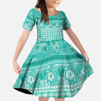 Hawaiian Hibiscus Honu Family Matching Summer Maxi Dress and Hawaiian Shirt Turquoise Mele Kalikimaka Palaka Spirit LT9 Daughter's Dress Turquoise - Polynesian Pride