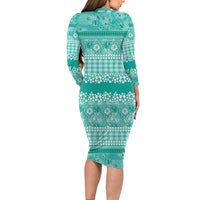 Hawaiian Hibiscus Honu Long Sleeve Bodycon Dress Turquoise Mele Kalikimaka Palaka Spirit - Polynesian Pride