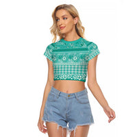 Hawaiian Hibiscus Honu Raglan Cropped T Shirt Turquoise Mele Kalikimaka Palaka Spirit LT9 Female Turquoise - Polynesian Pride