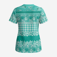 Hawaiian Hibiscus Honu Scrub Top Turquoise Mele Kalikimaka Palaka Spirit - Polynesian Pride