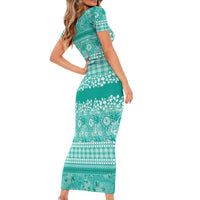 Hawaiian Hibiscus Honu Short Sleeve Bodycon Dress Turquoise Mele Kalikimaka Palaka Spirit LT9 - Polynesian Pride