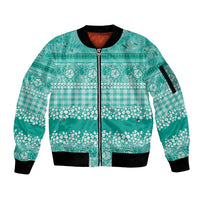 Hawaiian Hibiscus Honu Sleeve Zip Bomber Jacket Turquoise Mele Kalikimaka Palaka Spirit - Polynesian Pride