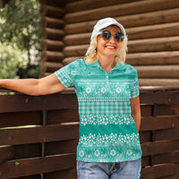 Hawaiian Hibiscus Honu Women Polo Shirt Turquoise Mele Kalikimaka Palaka Spirit - Polynesian Pride