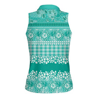 Hawaiian Hibiscus Honu Women Sleeveless Polo Shirt Turquoise Mele Kalikimaka Palaka Spirit - Polynesian Pride