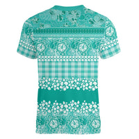 Hawaiian Hibiscus Honu Women V-Neck T-Shirt Turquoise Mele Kalikimaka Palaka Spirit - Polynesian Pride