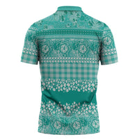 Hawaiian Hibiscus Honu Zipper Polo Shirt Turquoise Mele Kalikimaka Palaka Spirit LT9 - Polynesian Pride