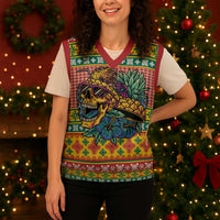 Hawaiian Pineapples Skull Christmas Knitted V-Neck Vest Mele Kalikimaka Palaka Quilt Pattern - Polynesian Pride