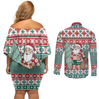 Hawaiian Funny Santa Surf Couples Matching Off Shoulder Short Dress and Long Sleeve Button Shirt Mele Kalikimaka Palaka Quilt Pattern - Polynesian Pride