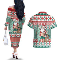 Hawaiian Funny Santa Surf Couples Matching Off The Shoulder Long Sleeve Dress and Hawaiian Shirt Mele Kalikimaka Palaka Quilt Pattern - Polynesian Pride