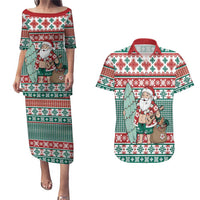 Hawaiian Funny Santa Surf Couples Matching Puletasi and Hawaiian Shirt Mele Kalikimaka Palaka Quilt Pattern LT9 Green - Polynesian Pride