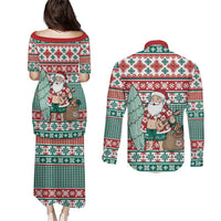 Hawaiian Funny Santa Surf Couples Matching Puletasi and Long Sleeve Button Shirt Mele Kalikimaka Palaka Quilt Pattern - Polynesian Pride