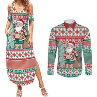 Hawaiian Funny Santa Surf Couples Matching Summer Maxi Dress and Long Sleeve Button Shirt Mele Kalikimaka Palaka Quilt Pattern LT9 Green - Polynesian Pride