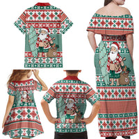 Hawaiian Funny Santa Surf Family Matching Off Shoulder Maxi Dress and Hawaiian Shirt Mele Kalikimaka Palaka Quilt Pattern - Polynesian Pride
