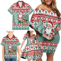 Hawaiian Funny Santa Surf Family Matching Off Shoulder Short Dress and Hawaiian Shirt Mele Kalikimaka Palaka Quilt Pattern - Polynesian Pride